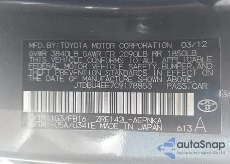 2012 Toyota Corolla Le from USA, damaged, VIN JTDBU4EE7C9178853
